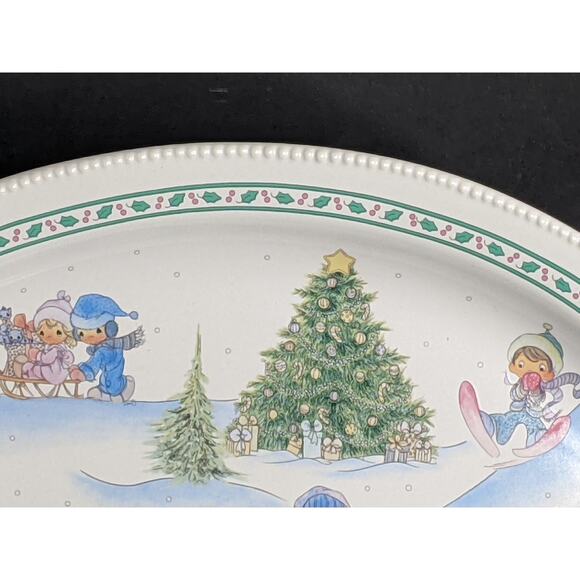 1996 Precious Moments Winter Scene Oval Platter Plate Dish 13 x 9.5" - Picture 4 of 8
